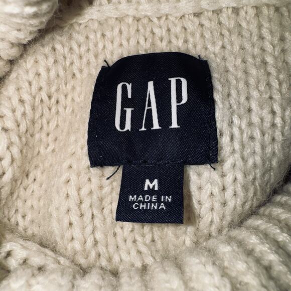 Gap Men MD Cream Chunky Cable Knit Turtleneck Sweater Wool Alpaca Boxy Fisherman - Picture 3 of 5